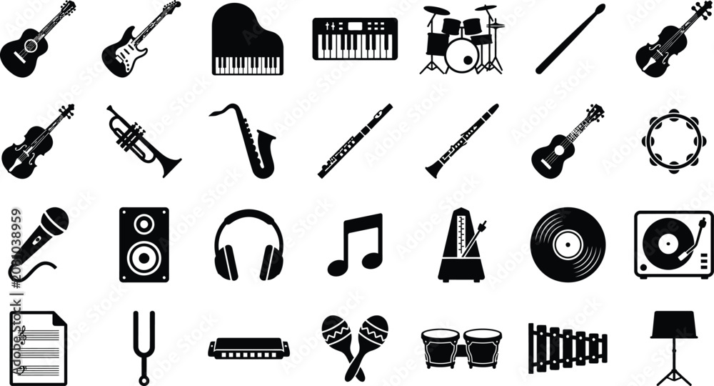 Obraz premium Set of musical instruments icons with instrument saxophone microphone