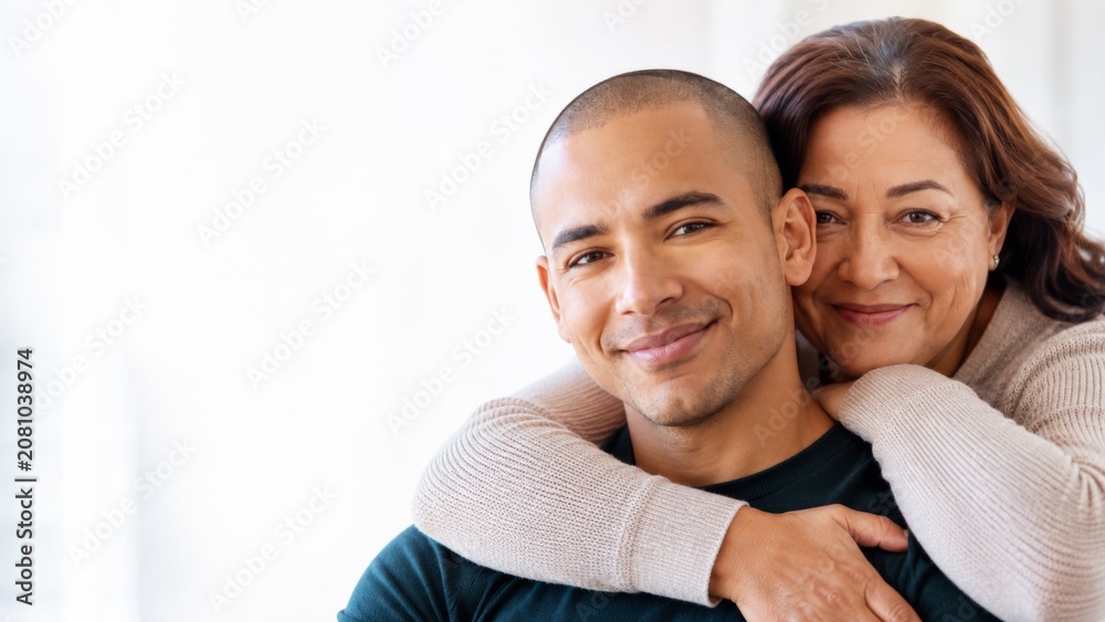 Fototapeta premium Happy mother and son embracing with genuine smiles, showcasing a strong family bond and affection