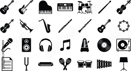 Foto Set of musical instruments icons with instrument saxophone microphone