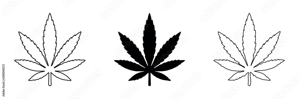 Obraz premium Set of three cannabis leaf icons in outline and solid black silhouette styles