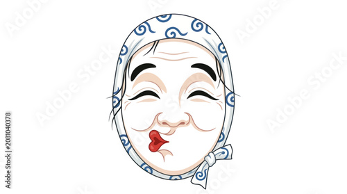Foto Funny hyottoko mask with blue headscarf.