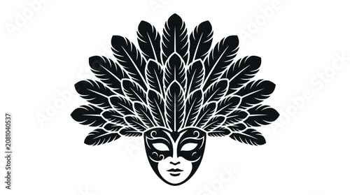 Venetian mask featuring large fan shaped feather headpiece