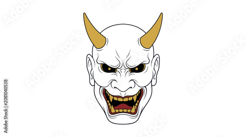 White hannya mask with yellow horns