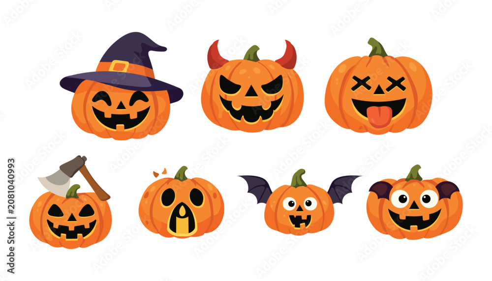 Fototapeta premium Halloween pumpkin set with various funny and scary expressions. Collection of carved jack-o-lanterns with accessories like witch hat, axe, and bat wings. Vector illustration isolated on white backgrou