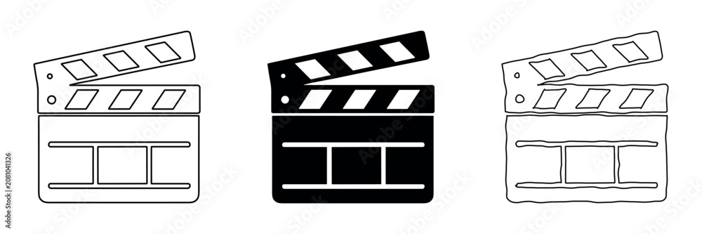 Fototapeta premium Collection of three clapperboard icons in different styles for filmmaking and video production