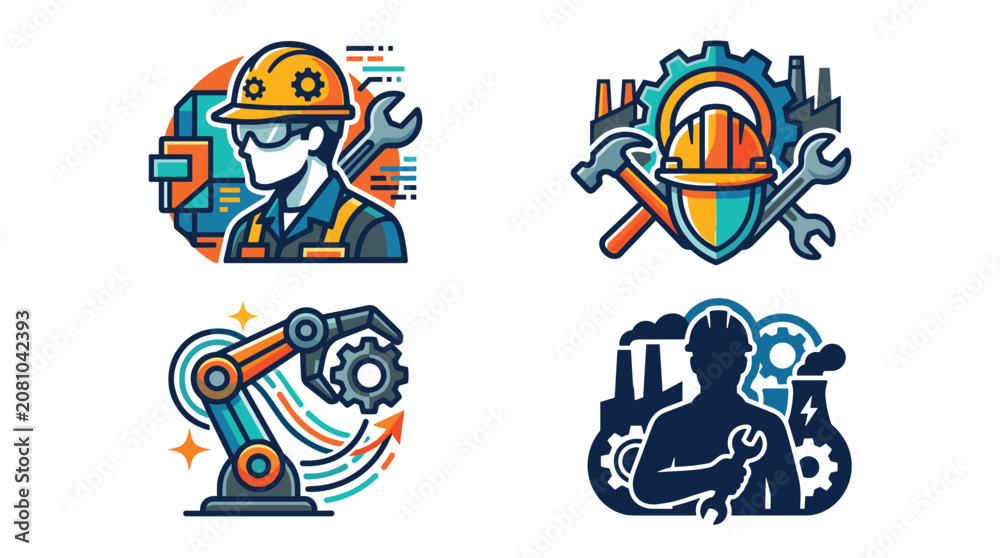 Fototapeta premium Collection of industrial and engineering icons featuring construction workers and robotic automation systems for modern manufacturing processes.