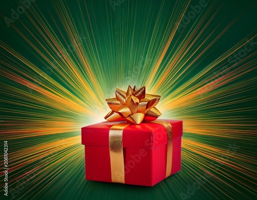 red wrapped square gift box with bright golden ribbon and decorative bow centered on dark green background featuring vibrant yellow and red expanding energetic rays