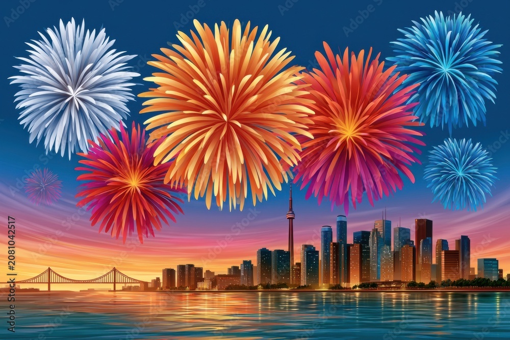 Obraz premium Fourth of July fireworks display over Toronto skyline at sunset with colorful celebration and waterfront reflections