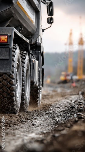 Heavy-duty construction truck driving on rugged muddy site with cranes and building equipment blurred in the background on a cloudy day