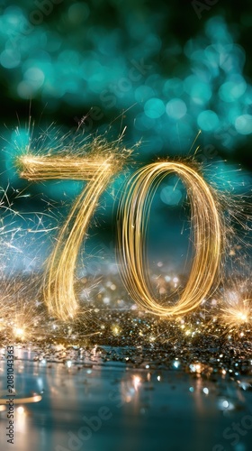 Festive glowing number seventy created with sparklers against a sparkling blue bokeh background for celebration and milestone events