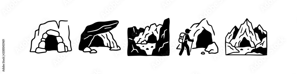 Fototapeta premium Set of black and white cave and mountain icons featuring different rocky entrances, a hiker with a backpack, and rugged cliff landscapes for outdoor adventure and exploration concepts.