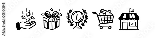 Quadro su tela Set of minimalist black and white hand-drawn icons for retail and finance, featuring coins, a gift box, award medal, shopping cart, and storefront
