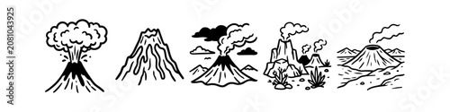 Photography Set of five hand-drawn volcano illustrations in black and white line art