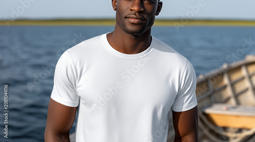 Realistic clothing mockup of a man in a blank white t-shirt on a fishing boat at the lake