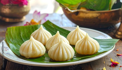 A close-up shot of six traditional, steamed dumplings arranged on a green leaf atop a white plate