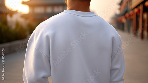 Back view fashion mockup of a man wearing a blank white sweatshirt walking in town