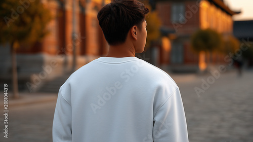 Back view fashion mockup of a man wearing a blank white sweatshirt walking in town