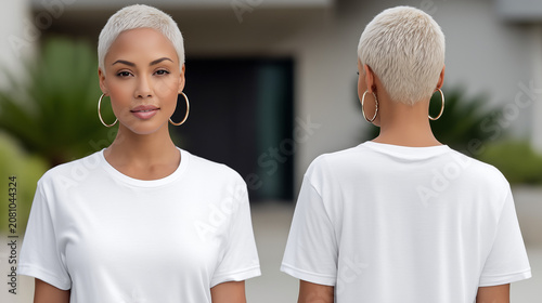 Front and back view fashion mockup of a beautiful Latina model with short hair wearing a blank white cotton t-shirt