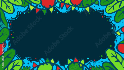Vibrant tropical leaf and berry doodle border frame, vector