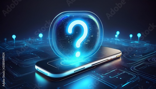 chat bubble question mark mobile phone customer support online help digital communication social media blue light futuristic chat bubble question