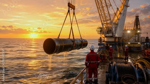Large industrial pipe being lowered by a heavy duty crane from a pipe lay vessel into the ocean during a golden sunset, with a maritime worker in red coveralls supervising the operation