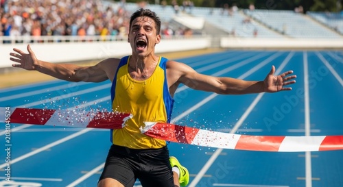 Exhausted athlete breaks finish line tape in exhilarating moment of athletic victory at stadium track
