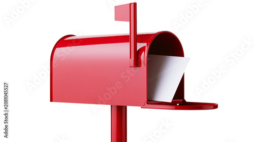 Canvastavla Red metal mailbox with flag and paper, isolated on transparent background