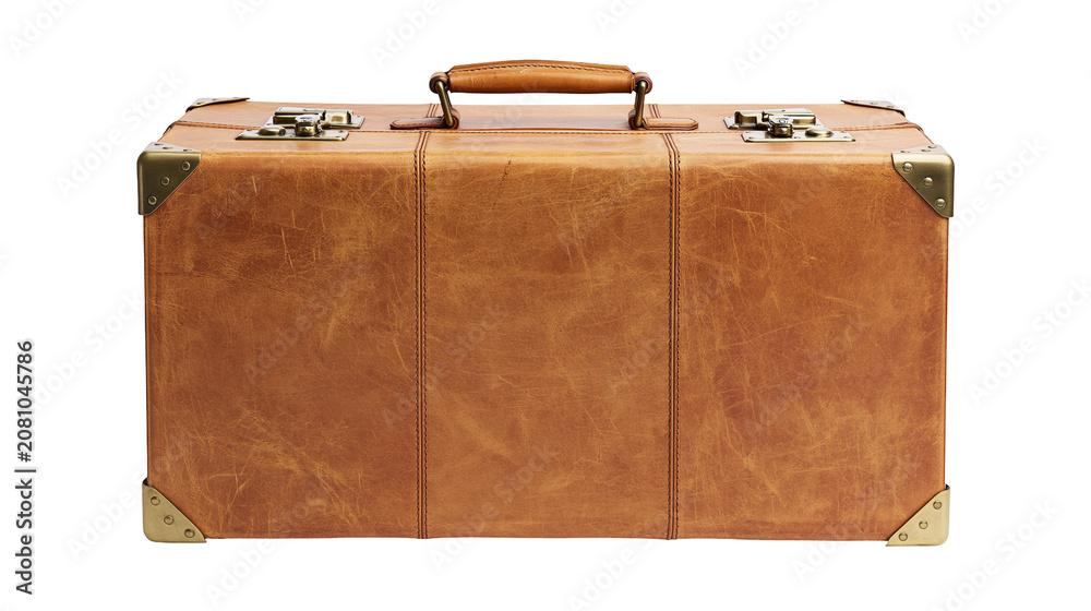 Obraz premium Vintage brown leather suitcase with brass hardware, isolated on transparent background