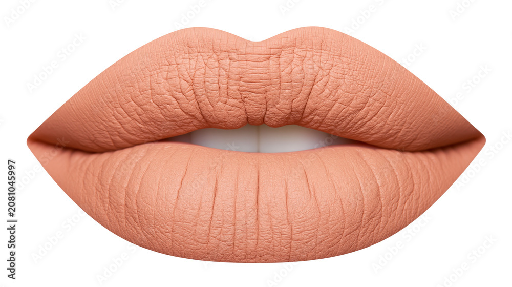 Fototapeta premium Full lips with matte peach lipstick, isolated on transparent background
