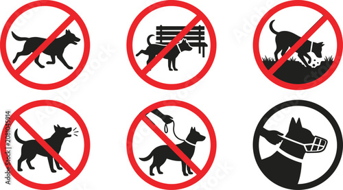 No Dogs Allowed Icon Set with Prohibited Pet Bench Grass Barking Leash and Muzzle Required Warning Symbols for Signage Designs