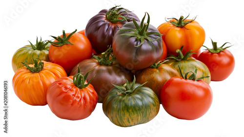 Tableau sur toile Assorted heirloom tomatoes in various colors and shapes, isolated on transparent