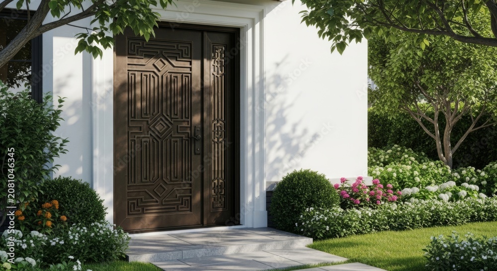 Fototapeta premium Luxurious Contemporary Home Entrance with Ornate Metal Door and Lush Garden Surroundings
