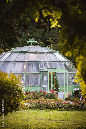 Lovely glass greenhouse with green metal construction shaded by the tall trees in the Zagreb city botanical garden