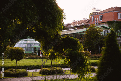 Lovely glass greenhouse with green metal construction shaded by the tall trees in the Zagreb city botanical garden