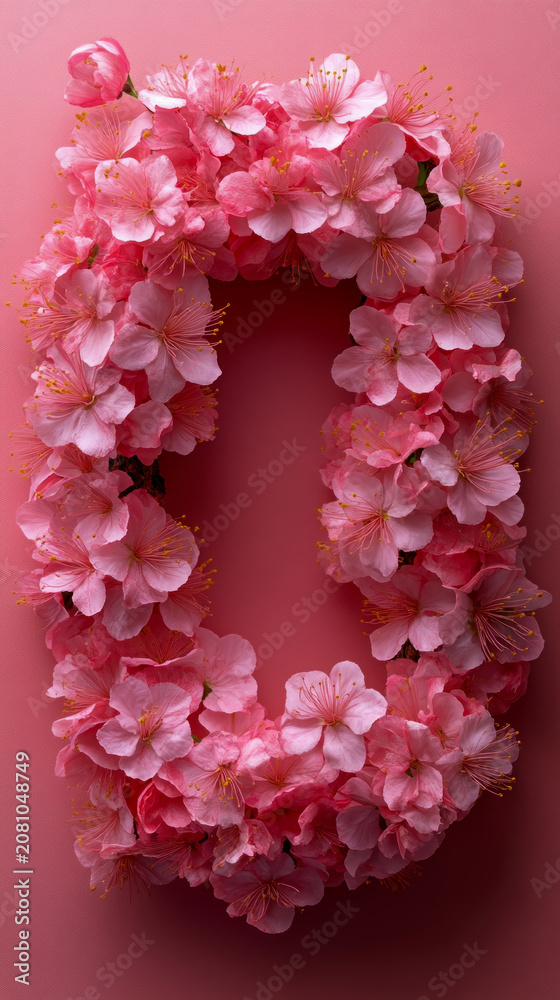 Obraz premium Beautiful rectangular floral frame composed of delicate pink cherry blossoms arranged on vibrant solid pink background, perfect for spring designs, weddings, and greeting cards.