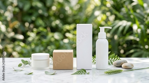 Natural cosmetic cream and lotion bottles in garden