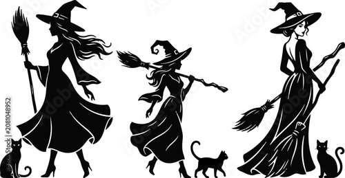 Schilderij op canvas Halloween vector silhouette three witches with cats and broomsticks