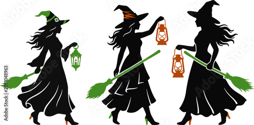 Photos Halloween vector silhouette of three witches flying on broomsticks with lanterns