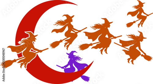 Tableau sur toile Halloween vector silhouette of witches flying on broomsticks around a crescent m