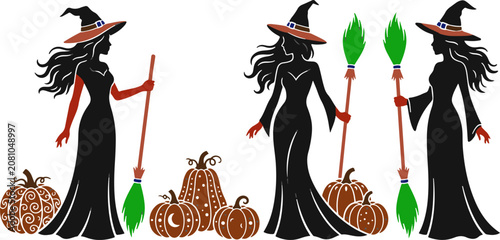 Quadro su tela Halloween vector illustration three witch silhouettes with broomsticks and pumpk