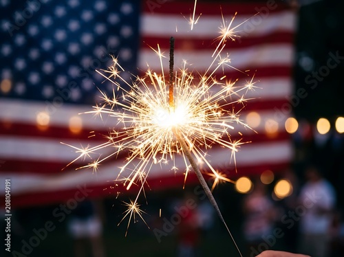 Bright sparkler firework with american flag background