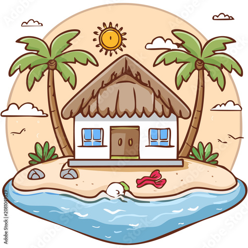 Tropical beach house on small island with palm trees cartoon illustration