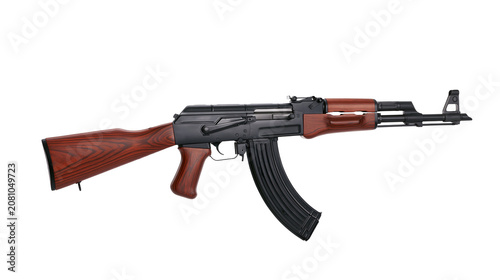 Foto Black metal AK-47 rifle with wooden stock and handguard, isolated on transparent