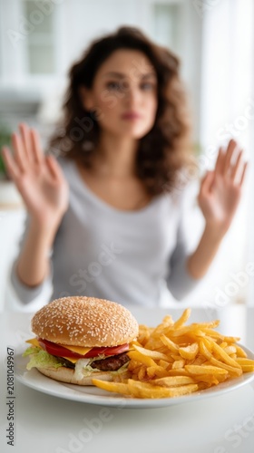 Woman refusing to eat a cheeseburger with fries showing a gesture of rejection representing healthy eating and mindful food choices at home