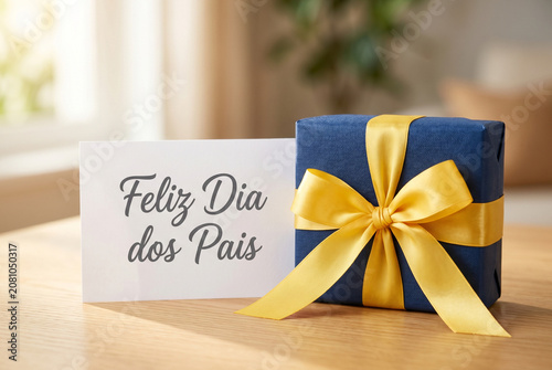 Presente de Dia dos Pais com Laço de Fita Amarela e Cartão de Felicitação sobre Mesa de Madeira