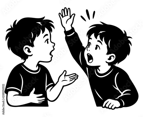 Two Children Talking and Raising Hands During Conversation, Black Isolated Vector Illustration