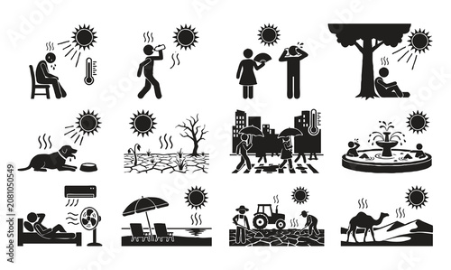 Fotografie Extreme city heatwave with blazing sun silhouette vector illustration