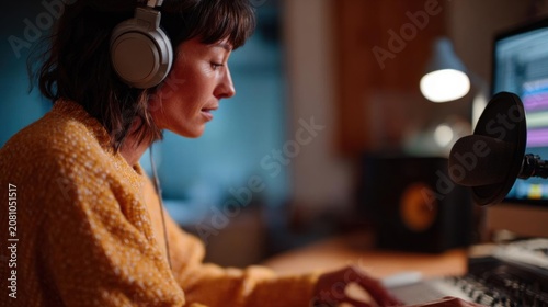 Young woman sitting at a desk in front of a computer monitor and a microphone in a recording studio. she is wearing a yellow sweater and has a pair of white headphones on her head.