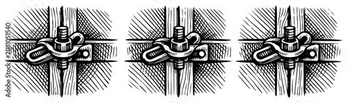 Schilderij op canvas Industrial metal bolt clamps and mechanical fasteners set hand drawn vintage eng