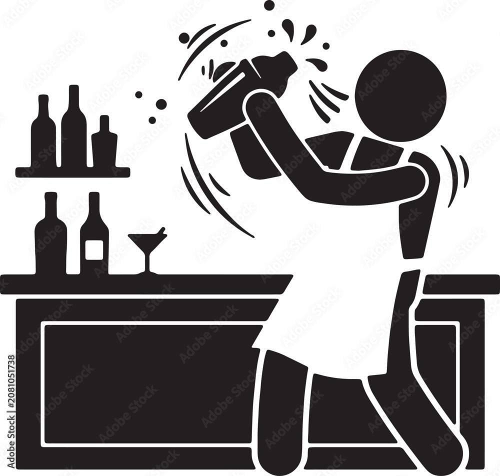 Fototapeta premium Professional mixologist in apron shaking metal shaker at counter with alcohol bottles on shelves silhouette for beverage menu design and branding.